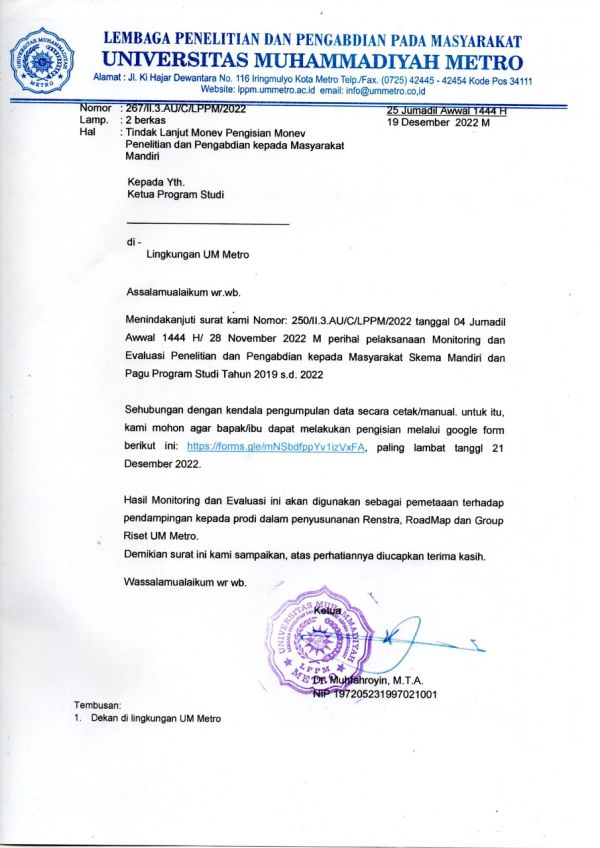Tindak Lanjut Pengisian Monev Penelitian dan Pengabdian kepada Masyarakat Mandiri/Pendanaan Pagu Prodi