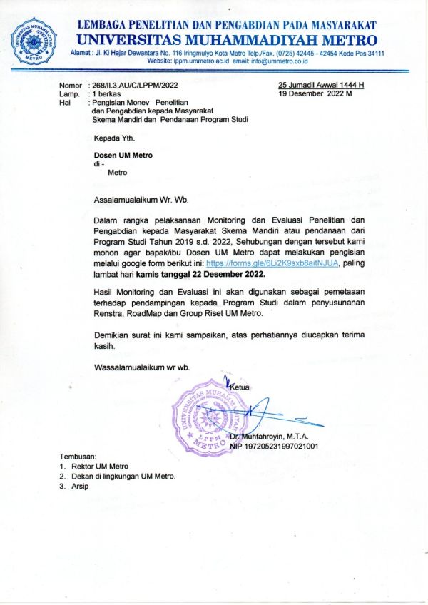 INFORMASI PENGISIAN BORANG MONEV PENELITIAN MANDIRI DAN DIDANAI PRODI OLEH DOSEN PENELITI/PENGABDI UM METRO