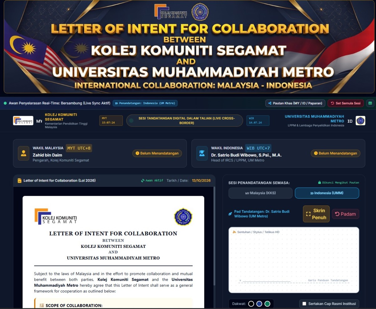 Kolaborasi Lintas Negara: LPPM UM Metro dan Kolej Komuniti Segamat Malaysia Resmi Tandatangani Kesepakatan Secara Daring